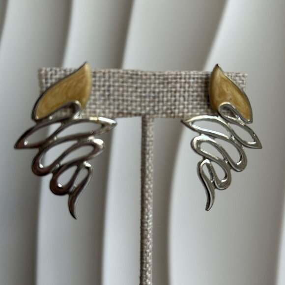 Vintage Abstract Silver Enamel Wing Dangle Earrings Modernist Wavy 80s Unique - Picture 2 of 6